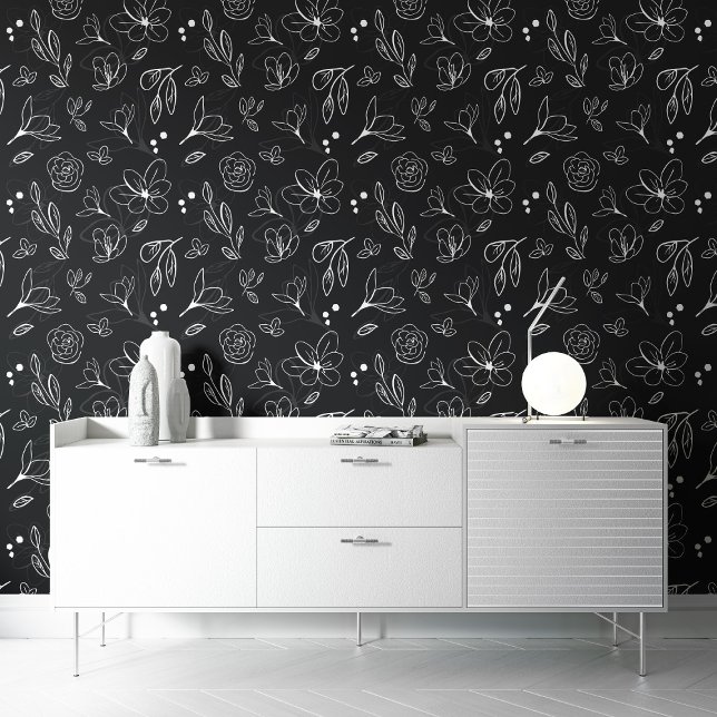 Black white flower pattern botanical dark floral wallpaper (Black and white floral patter peel and stick wall paper by Lorena Depante.)