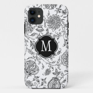 Black & White Flower Pattern Monogram iPhone 11 Case