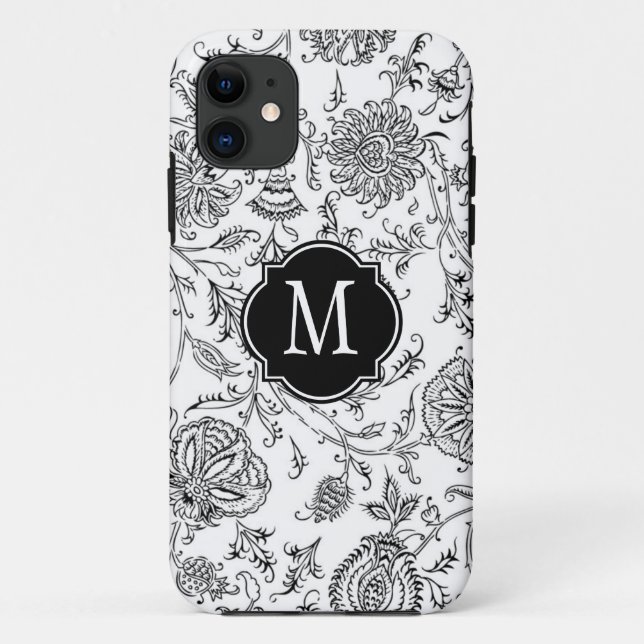 Black & White Flower Pattern Monogram Case-Mate iPhone Case (Back)