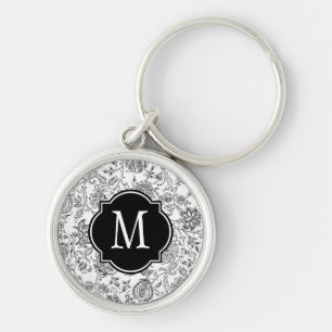 Black & White Flower Pattern Monogram Keychain
