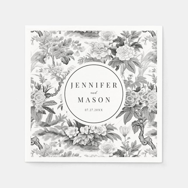Black white flower wedding monogram paper napkins (Front)