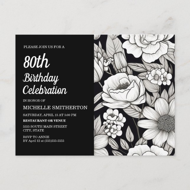 Black White Flowers 80th Birthday Invitation Postcard (Front)