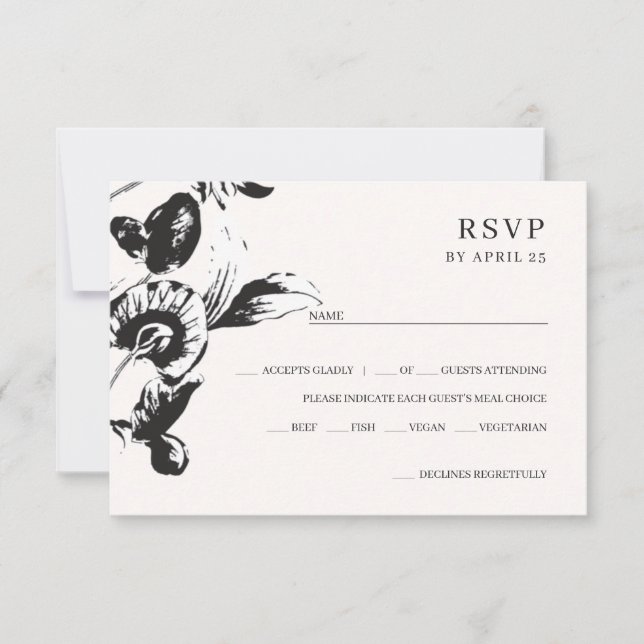 Black & white flowers elegant botanical wedding RSVP card (Front)
