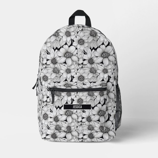 Black White Flowers Floral Monogram Name Printed Backpack (Front)