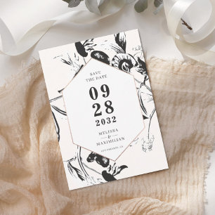Black & white flowers geometrical frame wedding save the date