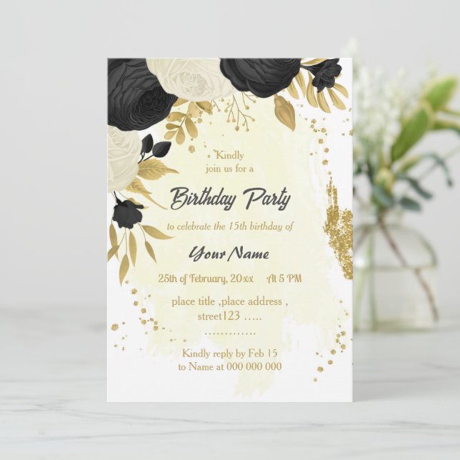 black & white flowers gold birthday party invitation (Standing Front)