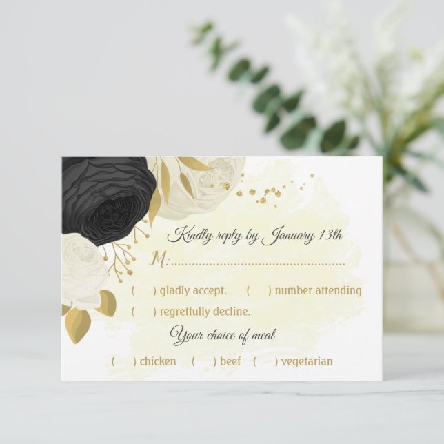 black & white flowers gold botanical meal choice RSVP card (Standing Front)