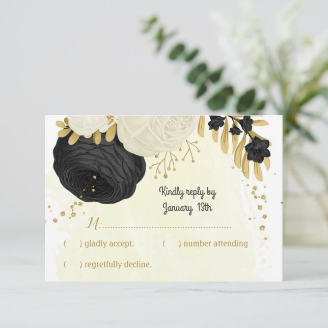 black & white flowers gold botanical wedding RSVP card (Standing Front)