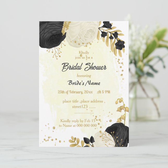 black & white flowers gold bridal shower invitation (Standing Front)