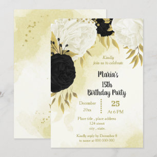 black white flowers gold leaves birthday invitation