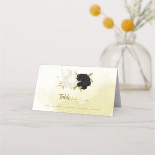 black white flowers gold leaves place card