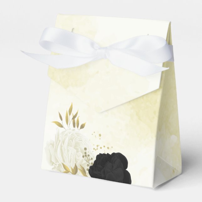 black white flowers gold leaves wedding favor box (Front Side)