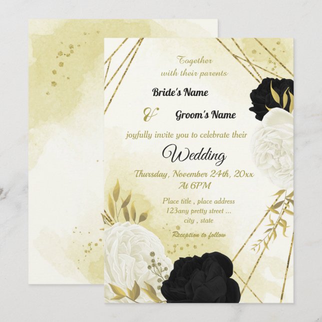black white flowers gold leaves wedding invitation (Front/Back)