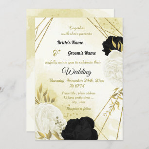 black white flowers gold leaves wedding invitation