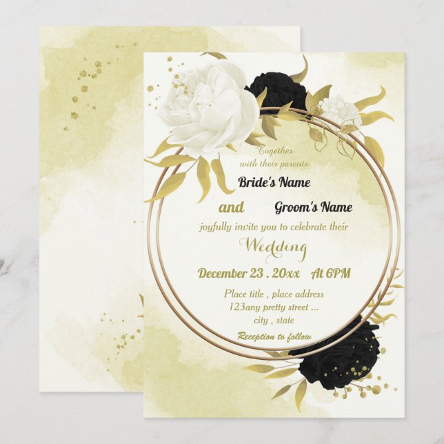 black white flowers gold leaves wedding invitation (Front/Back)
