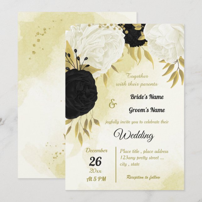 black white flowers gold leaves wedding invitation (Front/Back)