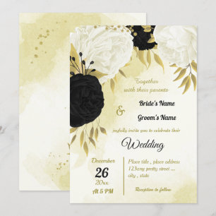 black white flowers gold leaves wedding invitation
