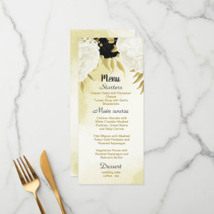 black white flowers gold leaves wedding menu
