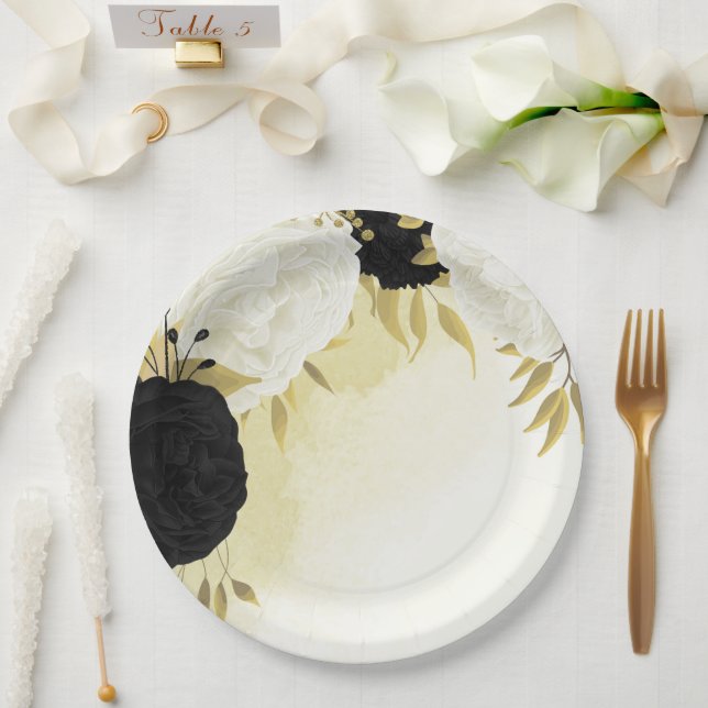 black white flowers gold leaves wedding paper plate (Wedding)