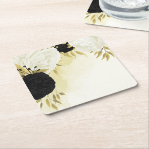 black white flowers gold leaves wedding square paper coaster