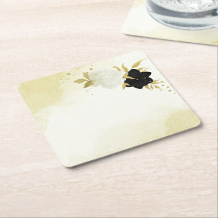 black white flowers gold leaves wedding square paper coaster
