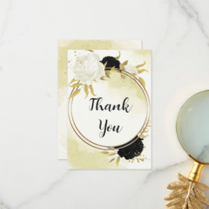 black white flowers gold leaves wedding thank you card