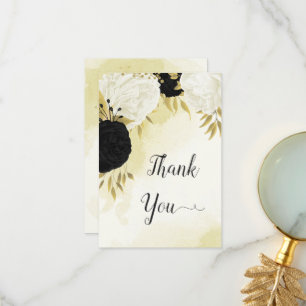 black white flowers gold leaves wedding thank you card
