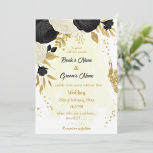 black & white flowers gold wedding  invitation