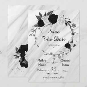black white flowers grey leaves botanical wreath save the date