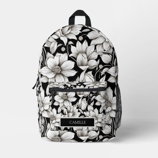 Black White Flowers Monogram Name Camp School Printed Backpack (Front)