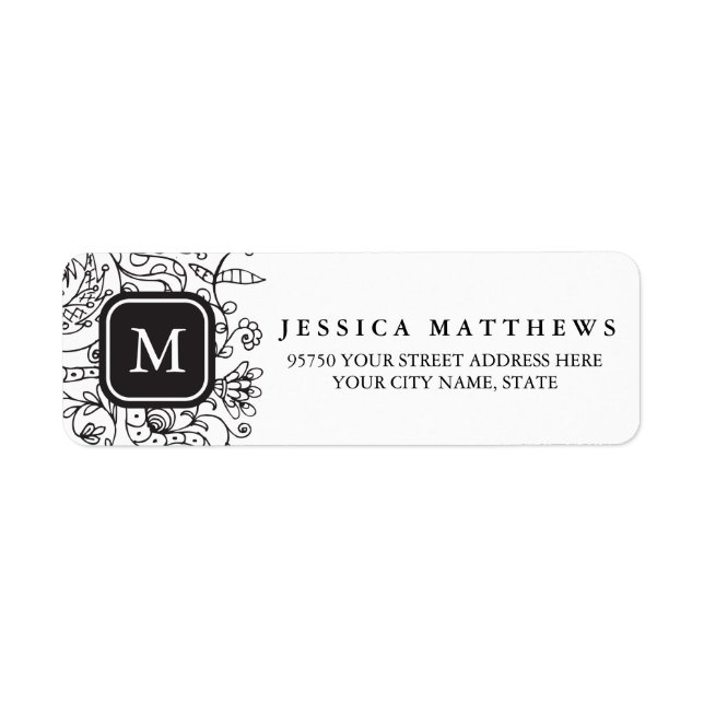 Black & White Flowers Personalized Monogram Label (Front)