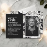 Black White Flowers Photo 70th Birthday  Invitation<br><div class="desc">Elegant 70th birthday party photo invitation for women with pretty black and white line-art flowers. Contact me for assistance with your customizations or to request additional matching or coordinating Zazzle products for your event.</div>