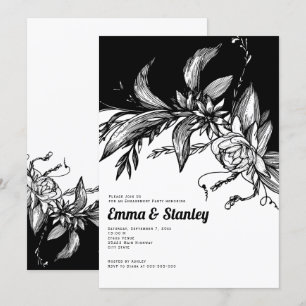 Black, white flowers , typography engagement party invitation