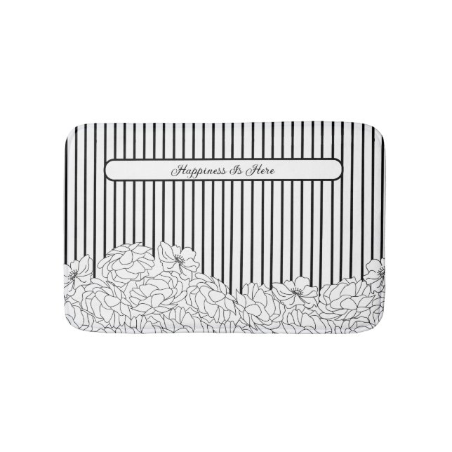 Black & White Flowers with Stripes Bath Mat (Front)