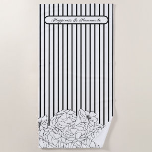 Black & White Flowers with Stripes Beach Towel