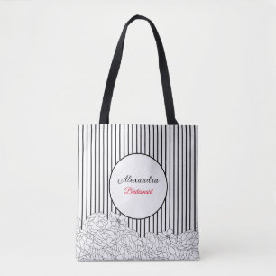 Black & White Flowers with Stripes Bridesmaid Tote Bag