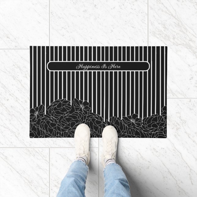 Black & White Flowers with Stripes Doormat (Indoor)