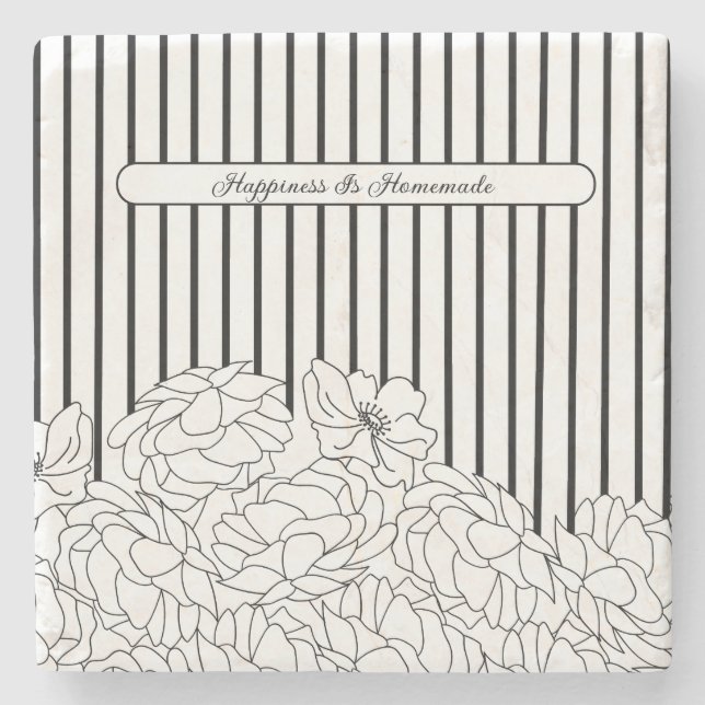 Black & White Flowers with Stripes Stone Coaster (Front)