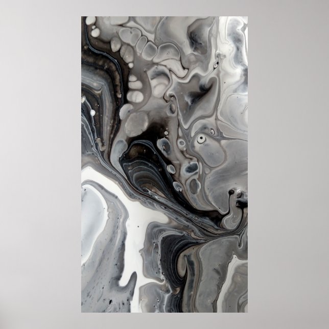 Black White Fluid Marble Abstract Grey Silver Poster (Front)