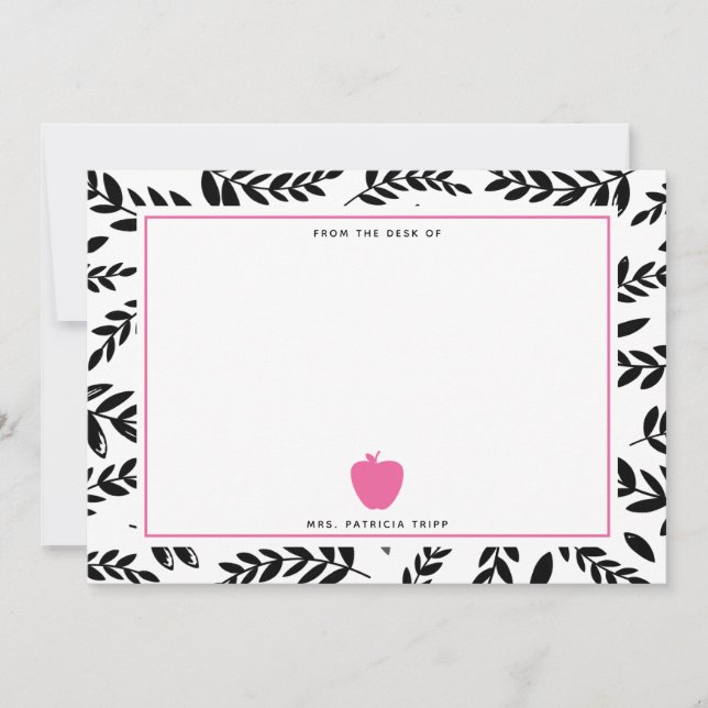 Black + White Foliage Pink Apple Teacher Card (Front)