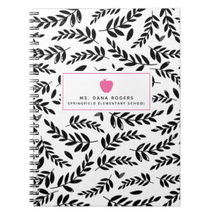 Black + White Foliage Pink Apple Teacher Notebook