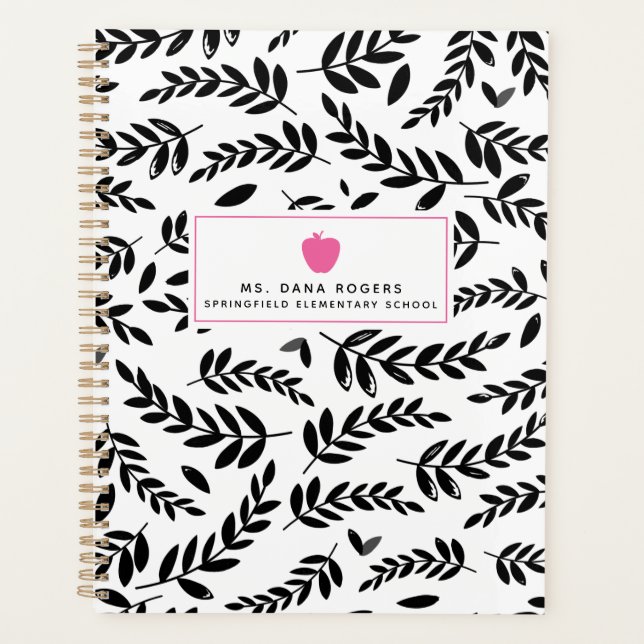 Black + White Foliage Pink Apple Teacher Planner (Front)