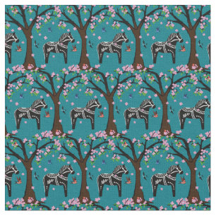 Black/white Folk Dala horse/Folk birds/flowers Fabric