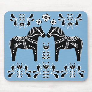 Black/white Folk Dala horse/Folk Friesian Mouse Pad
