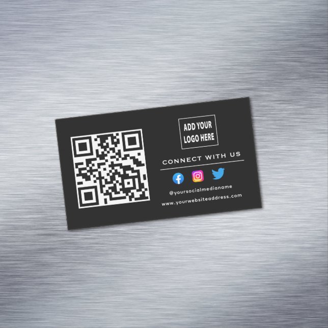 Black White Follow Scan To Connect With Us QR Code Magnetic Business Card (In Situ)