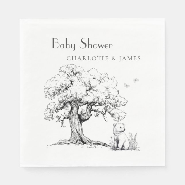 Black & White Forest Bear Baby Shower  Napkin (Front)