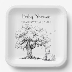Black & White Forest Bear Baby Shower  Paper Plate
