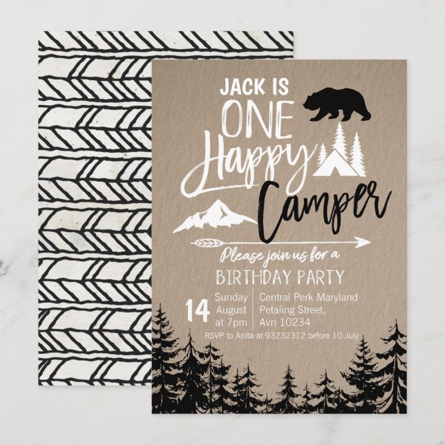 Black White Forest Camping Birthday party Invitation (Front/Back)