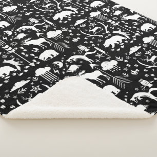 Black White Forest Nursery Animal Tracks Pattern Sherpa Blanket