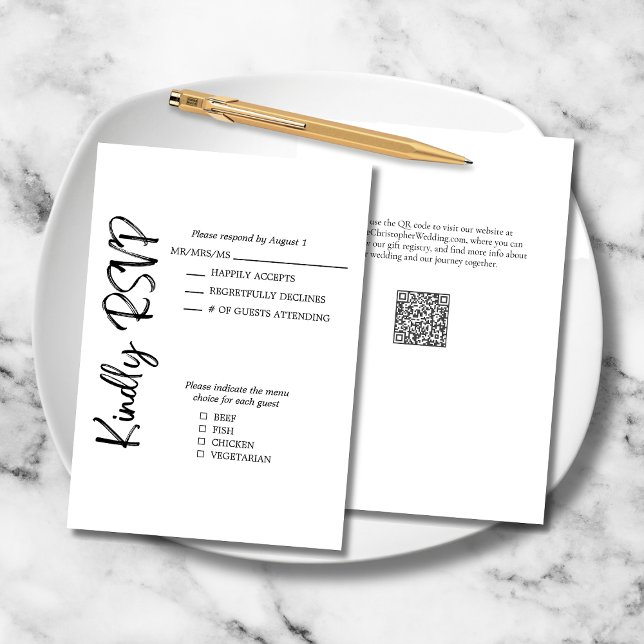 Black White Formal Bold Script Wedding Formal RSVP Card (Black White Formal Wedding RSVP Card with Vertical Script, Menu Choices, QR Code, Website.)
